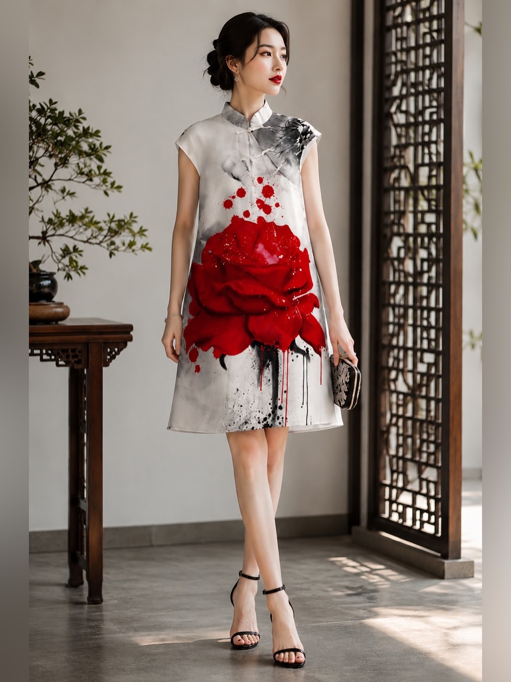YUJIA 100% Silk Modern Cheongsam Qipao Dress Red Rose Art Print Medium